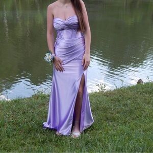 Strapless Lavender Satin Evening Gown
